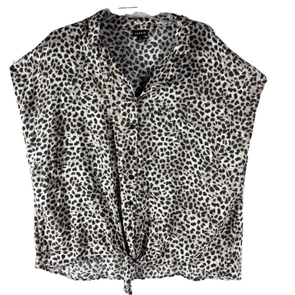 Torrid Cheetah Leopard Print Short Sleeve Button Up Tie Knot Shirt Size 1 - Picture 1 of 11